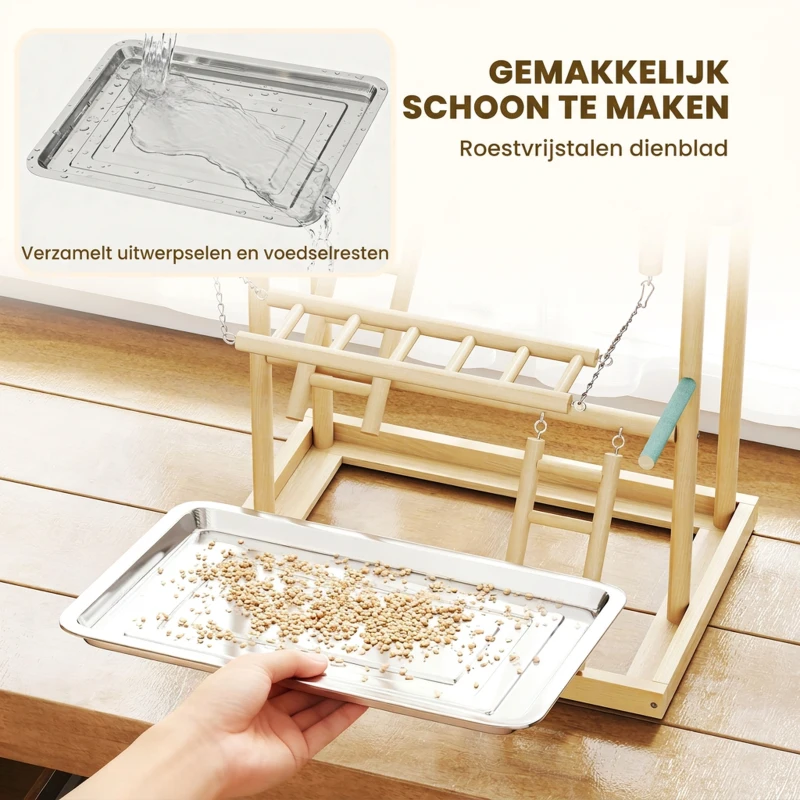 PawHut vogelstandaard, vogelstokken-set, 4 niveaus, RVS bak, speelgoed, natuurhout