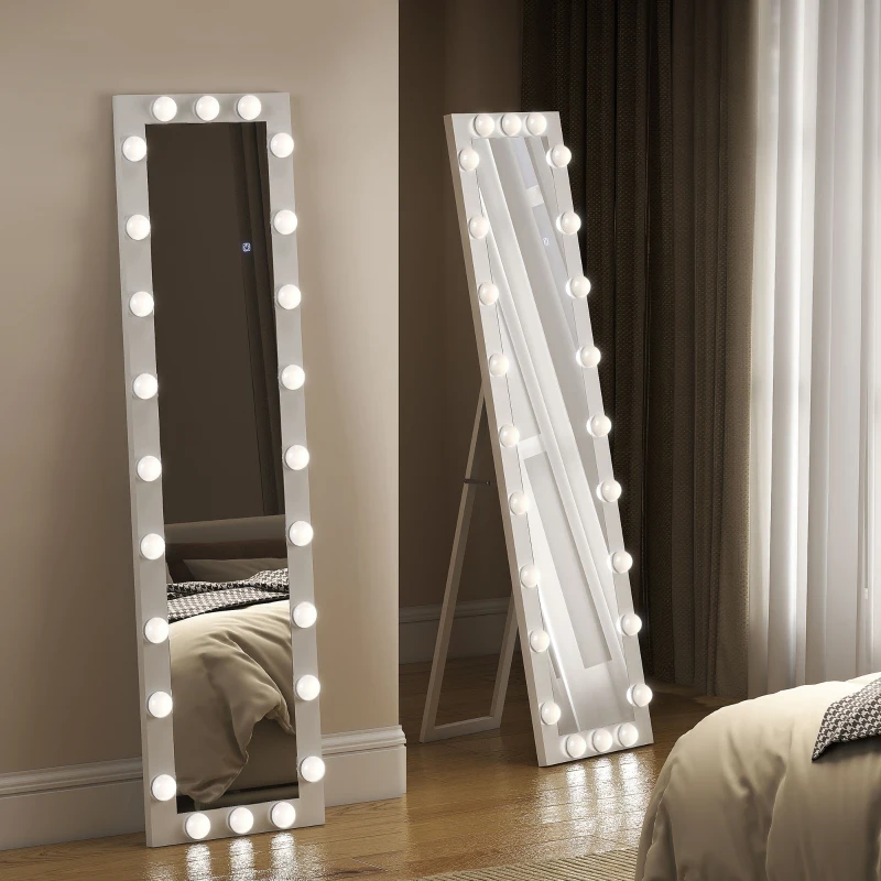 HOMCOM Pełnowymiarowe lustro 150x40 cm LED z 24 żarówkami, 3 kolory światła, stojące lub oparte, białe