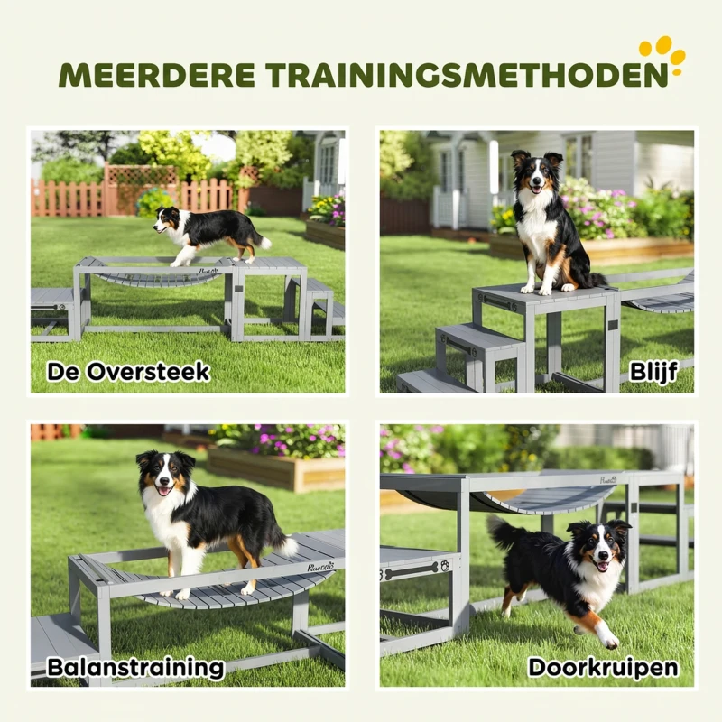 PawHut Agility-set honden 3-delig agility-uitrusting met brug, trap, platform, vurenhout, 117 x 50 x 56 cm, Grijs