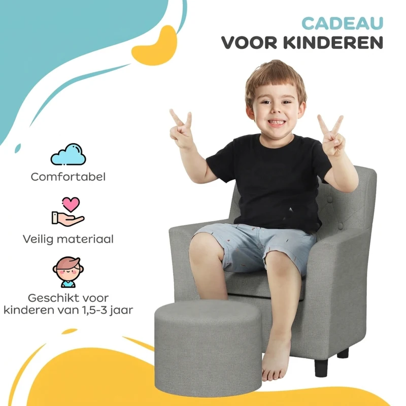 AIYAPLAY Kinderstoel met Poef, Rugleuning in Diamantpatroon, Zachte Zitplaats, Houten Frame, Grijs