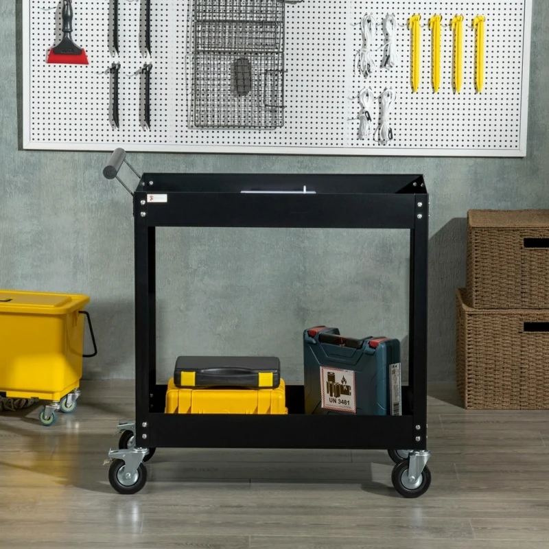 DURHAND Gereedschapswagen, 2 niveaus, wagen, 4 wielen, staal, tot 150 kg, 84,5 x 38 x 84 cm, Zwart(m-7)