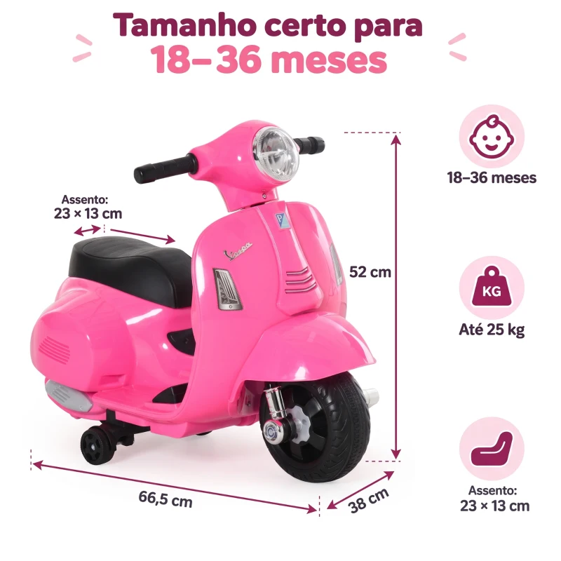 HOMCOM Mota Elétrica Infantil Vespa 6V com Farol, Buzina e Rodas Auxiliares para Crianças de 18-36 Meses Rosa 66,5x38x52 cm
