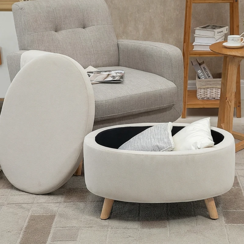 HOMCOM Opbergbank met fluweeloptiek, Ovale Vorm, Hocker, tot 80 kg, 71 x 51,5 x 42 cm, Beige
