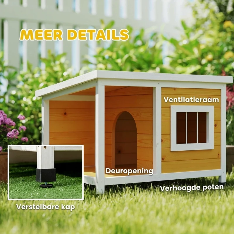 PawHut hondenhok met veranda, scharnierend dak, raam, verstelbare poten, natuurlijk hout, oranje, 85,5 x 62 x 60 cm