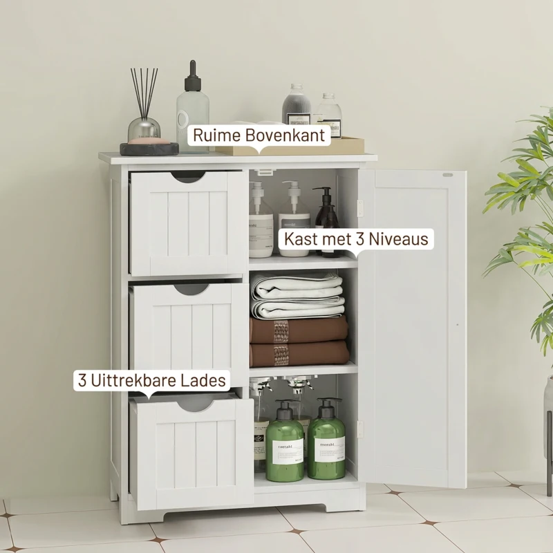 HOMCOM Badkamerkast, Badkamercommode, 3 Laden, Schap, MDF, Wit