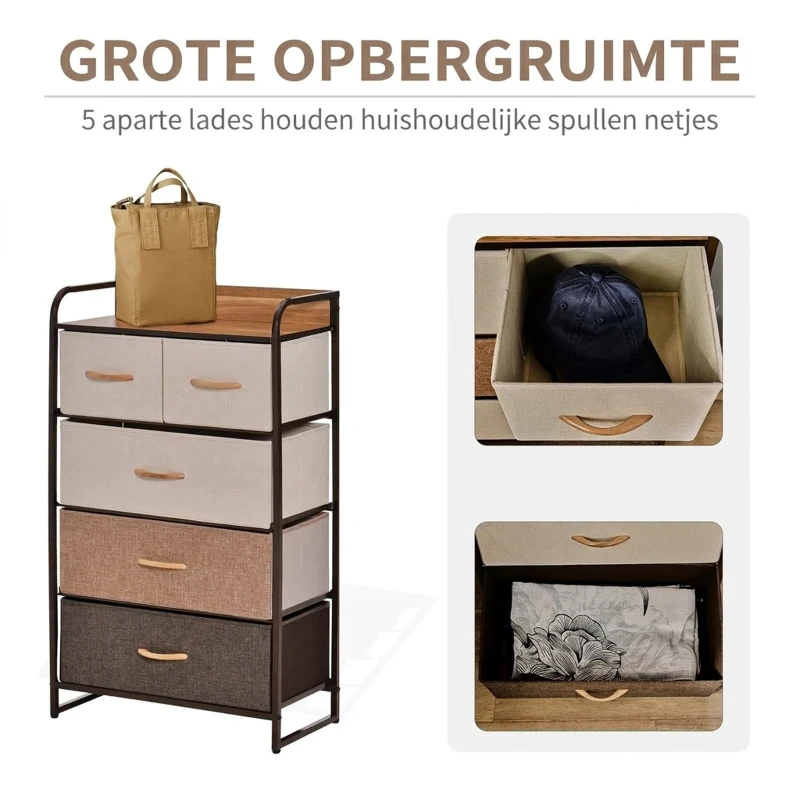 HOMCOM Ladekast met 5 Opvouwbare Stoffen Lades, Opbergrek, Stevig Stalen Frame, 58 x 29 x 99 cm