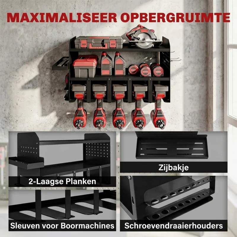 Outsunny Tuingereedschap-organizer 2-traps gereedschapsstandaard met haken en zijvak tot 50 kg 61,8 x 23 x 32,7cm Zwart