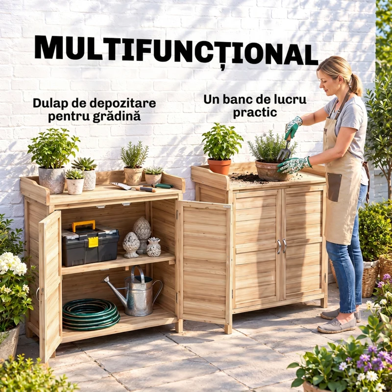 Outsunny Dulap Exterior cu 2 Rafturi din Lemn de Brad, Design Înălțat și 2 Uși, 83x40x92 cm