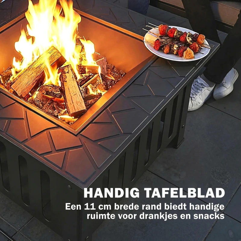 Outsunny Vuurschaal van Staal - Vuurkorf met Vonkenscherm en Pook - Voor Outdoor BBQ of Camping - 67x67x47cm - Zwart
