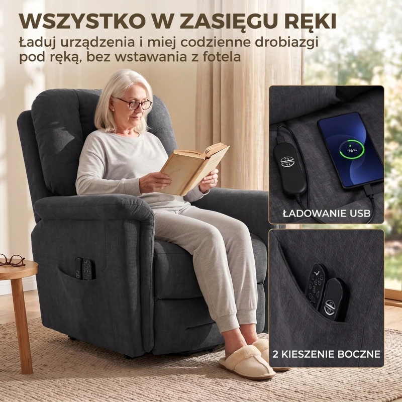 HOMCOM Elektryczny fotel dla seniora z funkcją wstawania, masażem wibracyjnym, ogrzewaniem i USB, granatowy