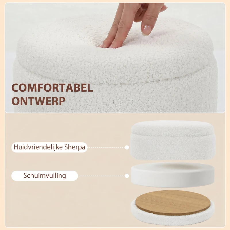 HOMCOM Sherpa Opberppoef met Omkeerbare Deksel, ronde poef voor woonkamer & slaapkamer, Wit
