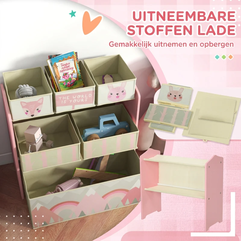 ZONEKIZ kinderopbergkast met 6 stofboxen, schattig design, 63 x 30 x 66 cm, roze