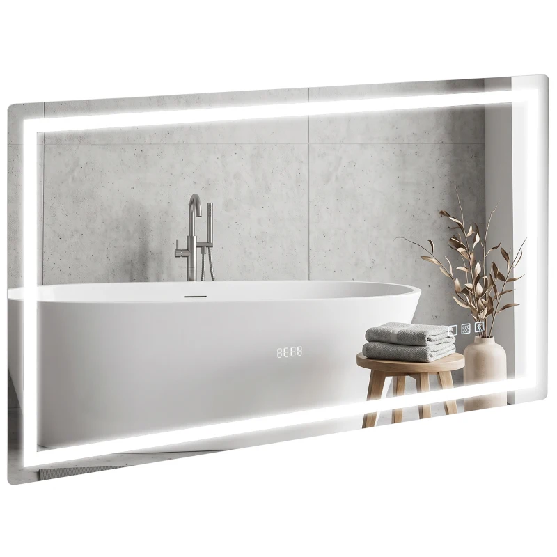 HOMCOM Oglindă baie LED Bluetooth 120 x 70 cm întrerupător tactil lumină reglabilă 3 culori anti-aburire memorie argintiu