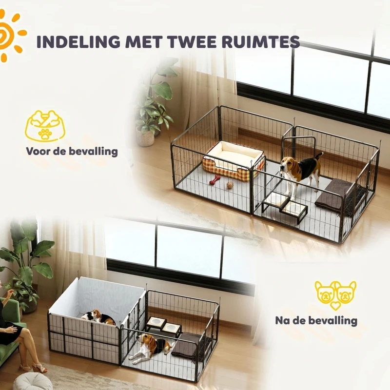 PawHut Werpkist voor puppy's, werpkist/puppyren met 7 panelen, 2 zones, wasbaar werpkussen, 203x102x60cm Zwart