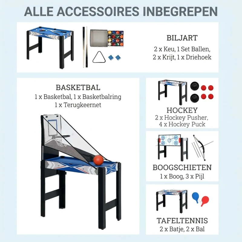 SPORTNOW 5-in-1 Speeltafel, Biljart, Tafeltennis, Hockey, Basketbal, Boogschieten, Inclusief Accessoires, MDF, Kunststof, Blauw(m-5)