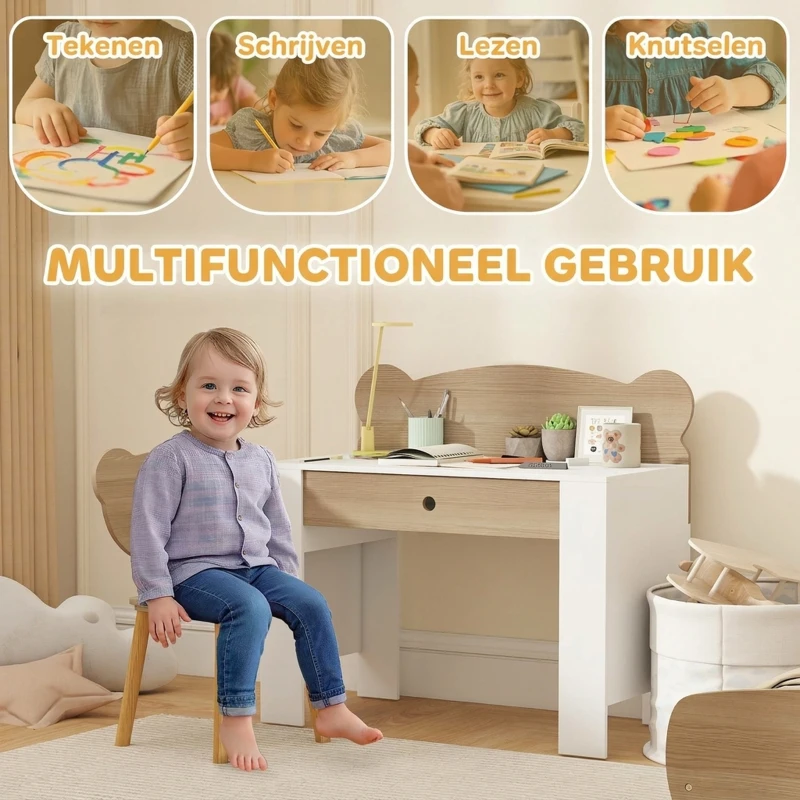 AIYAPLAY Kinderwerktafel met Stoel en Berenrugleuning, Lade, voor Schrijven en Knutselen, 3-8 Jaar, Natuur Hout