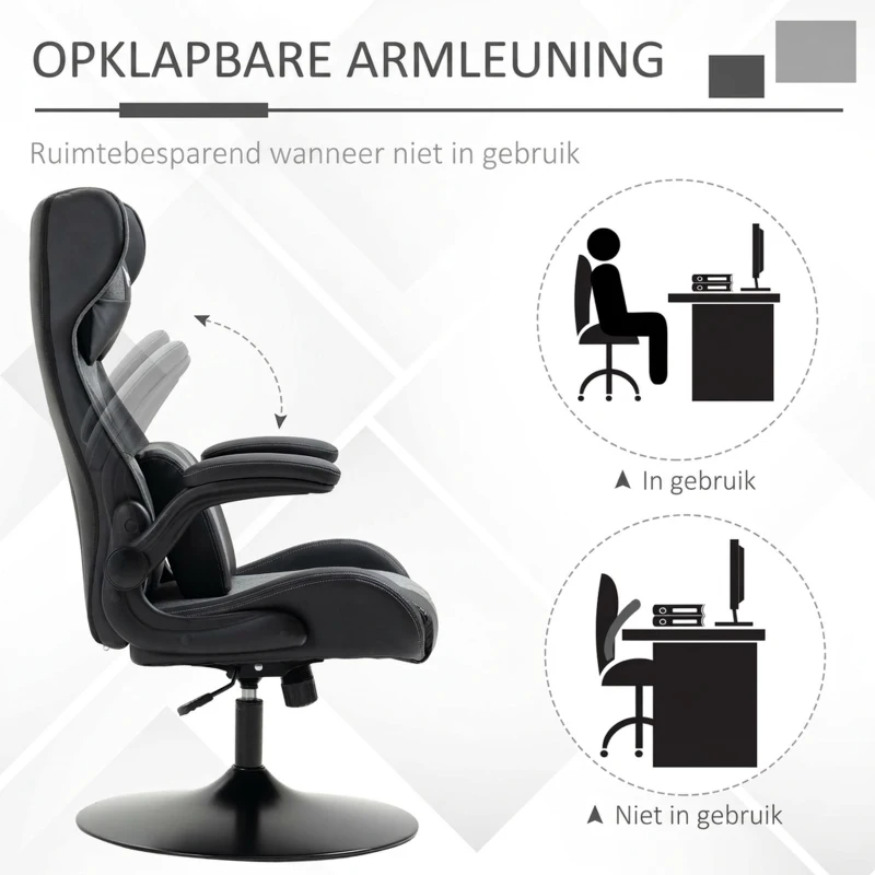 Vinsetto Gamingstoel, hoogteverstelbaar & draaibaar, Kunstlederen bekleding, opklapbare armleuningen, Zwart+Grijs(m-6)