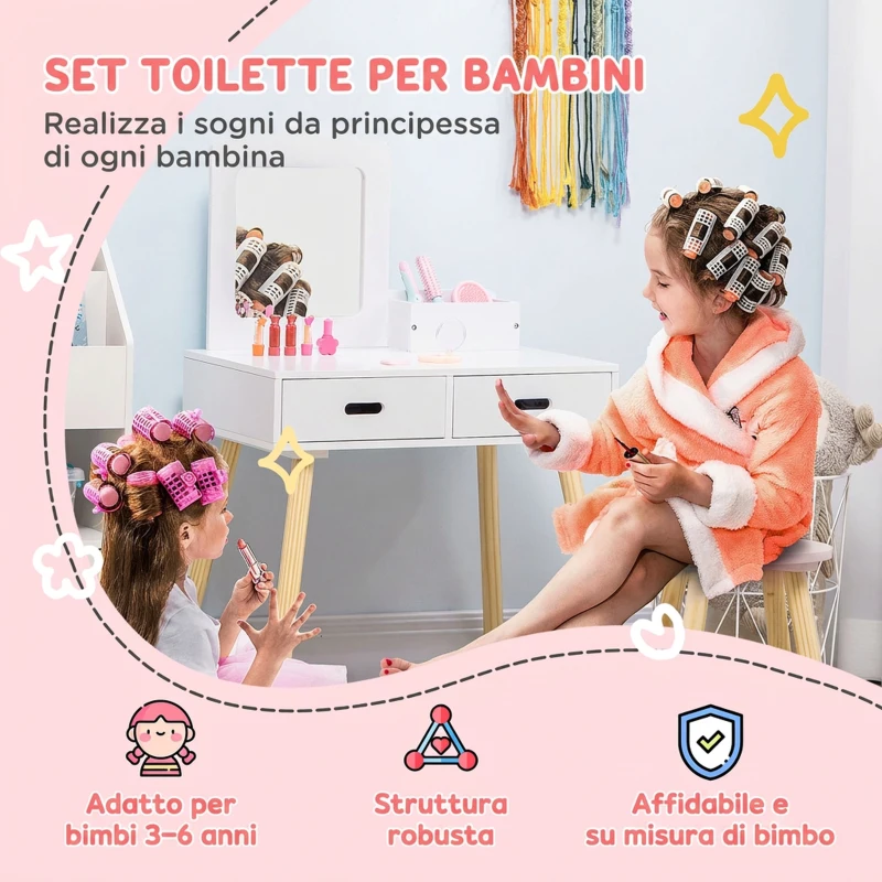 ZONEKIZ Set Toeletta per Bambini con Tavolo Trucco e Sgabello, Specchio e 2 Cassetti, Bianco e Colore Legno