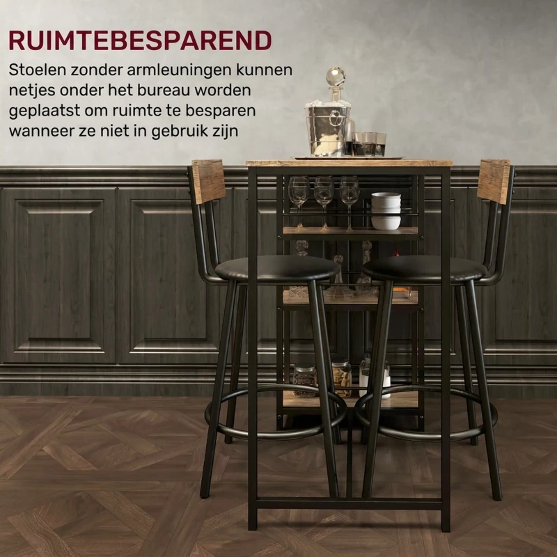 HOMCOM 3-delige eettafelset met bartafel en 2 stoelen, klein keukenset met zijplanken, MDF, metaal, zwart