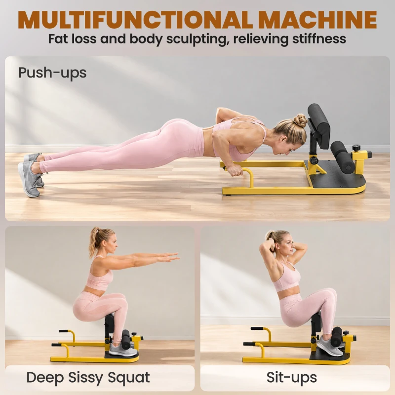 HOMCOM Sissy Squat Bench, Adjustable Squat Machine, Sit Up Machine with Push Up Stand, Leg Workout Trainer for Lower Body and Core Training, Home Gym Fitness Equipment, Yellow