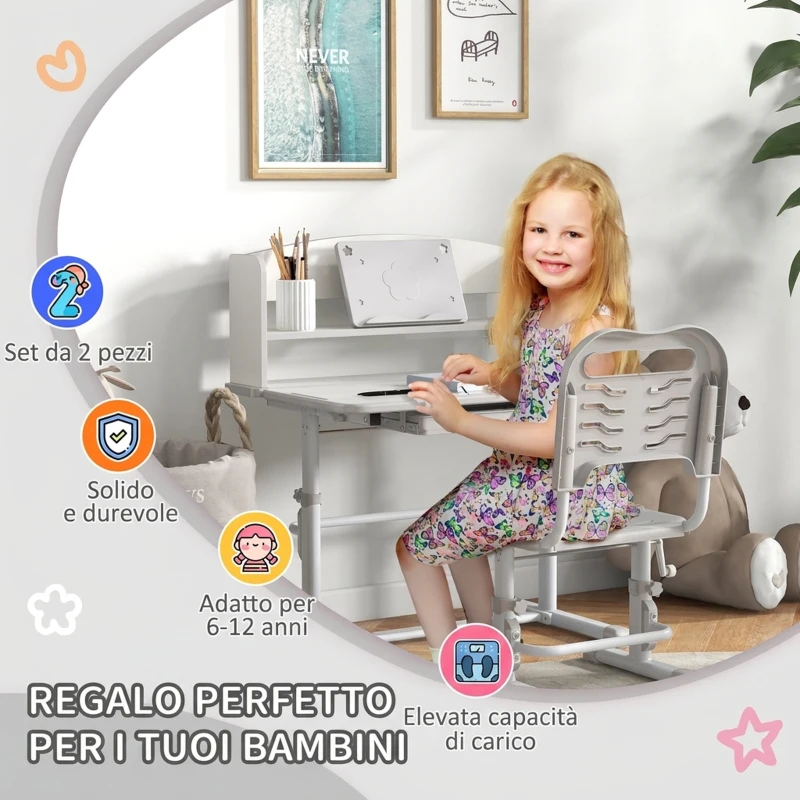 ZONEKIZ Set Scrivania per Bambini con Sedia Regolabile in Altezza e Piano Inclinabile, Età 6-12 Anni, Grigio