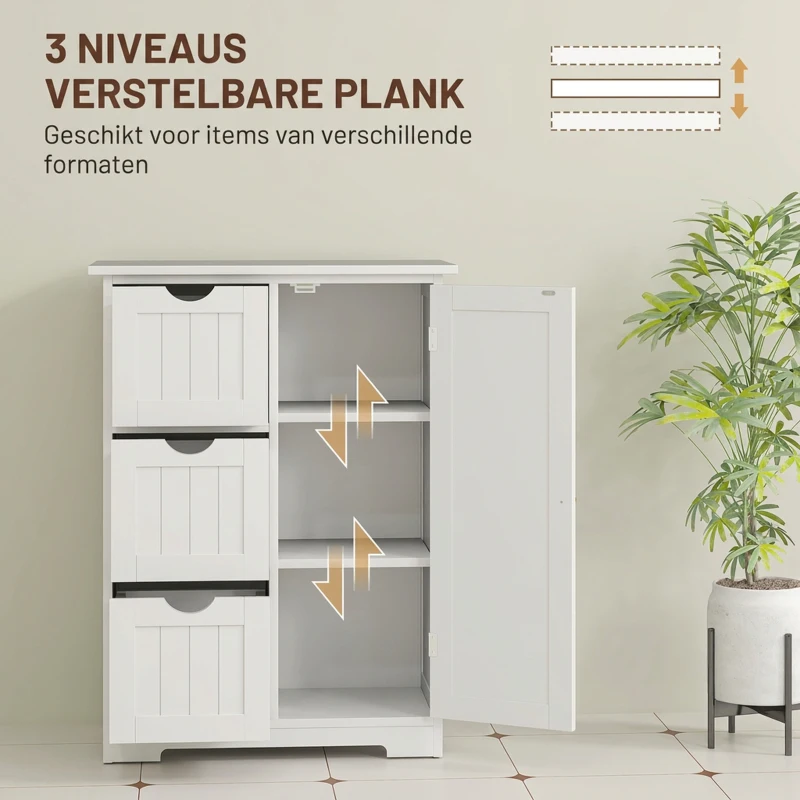 HOMCOM Badkamerkast, Badkamercommode, 3 Laden, Schap, MDF, Wit