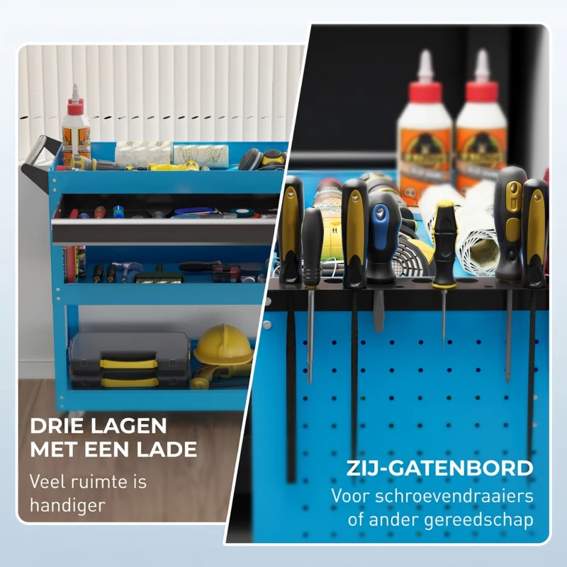 HOMCOM Gereedschapskoffer gereedschapstrolley gereedschapsbox, 3 niveaus, 4 wielen, 82 cm x 35 cm x 76 cm, Blauw
