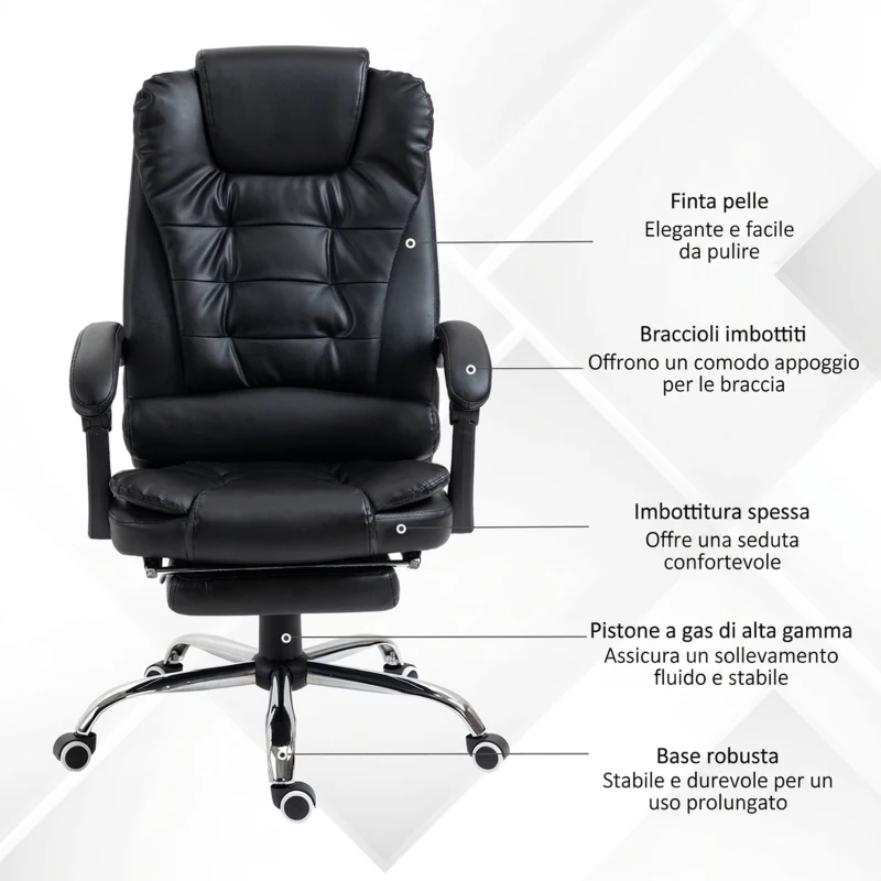 HOMCOM Sedia da Ufficio ad Altezza Regolabile con Schienale Reclinabile e Poggiapiedi, 64.5x69x109-117 cm, Nero