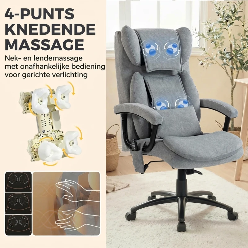 HOMCOM Ergonomische massage-bureaustoel met 4 kneedpunten, directeursstoel met hoge vlinderrugleuning, brede zitting, grijs