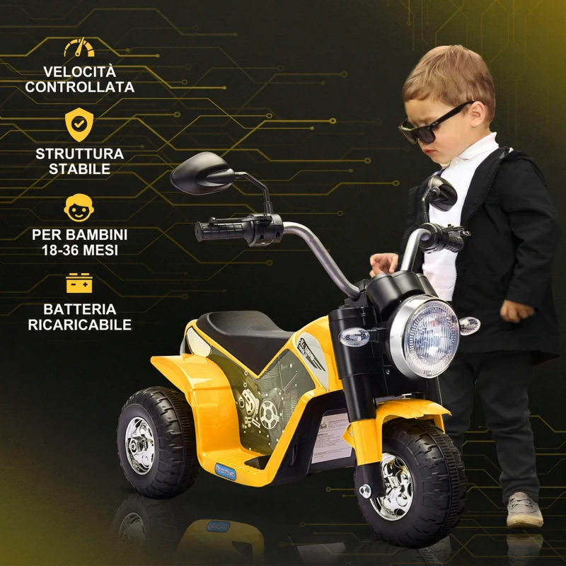HOMCOM Moto Elettrica per Bambini a 3 Ruote con Luci e Suoni, Batteria Ricaricabile 6V, Velocità 2 km/h, per Bimbi da 18-36 Mesi, 72cmx57cmx56cm Gialla