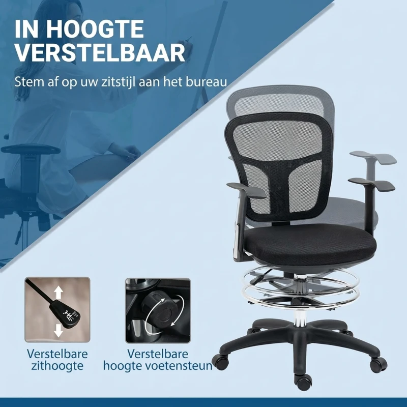 Vinsetto Bureaustoel voor tekenen, computeren en werken, inclusief voetensteun, verstelbaar in hoogte, afmetingen 59 x 59 x 115 cm, zwart(m-4)