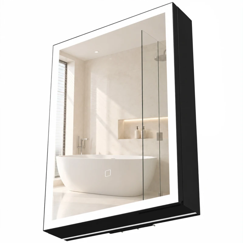 HOMCOM Armário de Casa de Banho LED com Função Antivapor Móvel de Parede Espelho Prateleiras 50x70 cm Preto