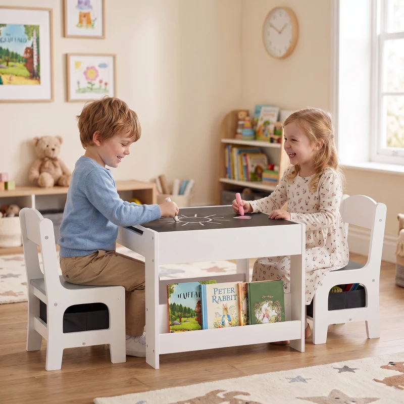 HOMCOM Ensemble 3 pièces table et 2 chaises pour enfant avec plateau réversible tableau noir, panier de rangement, étagères