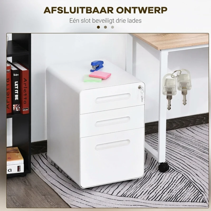 Vinsetto rolcontainer, archiefkast, kantoorcontainer met 3 lades, kantoorkast, opslag, container, staal, wit, 39 x 48 x 59 cm