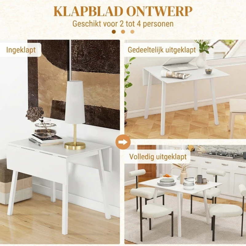 HOMCOM Eettafel Klaptafel Keukentafel, 2 neerklapbare vlakken, 110 x 86 x 75 cm, Wit(m-4)