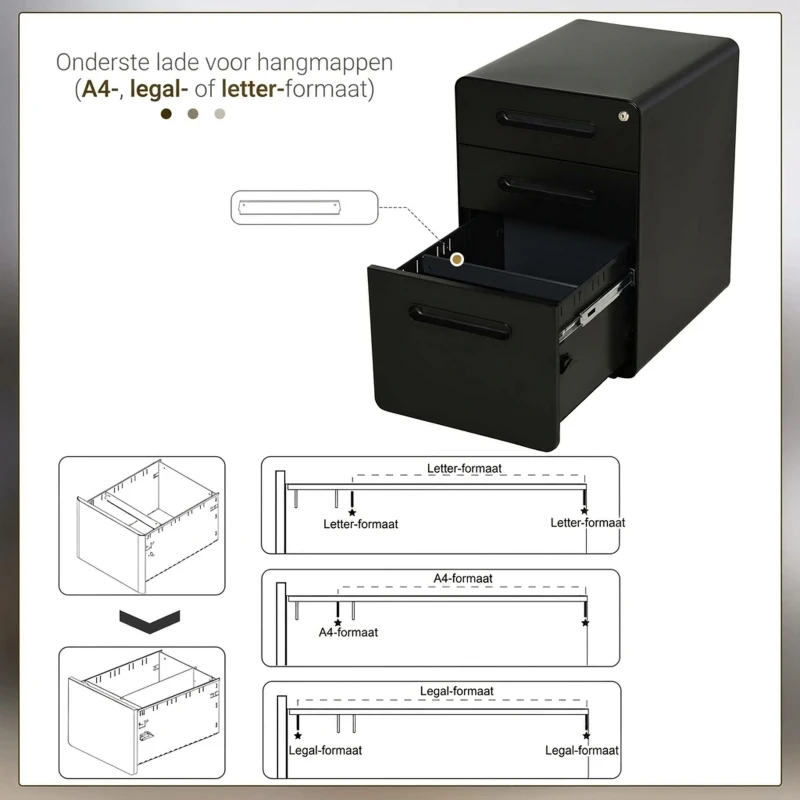 Vinsetto rolcontainer, archiefkast, kantoorcontainer met 3 laden, kantoorkast, opslag, container, staal, zwart, 39 x 48 x 59 cm