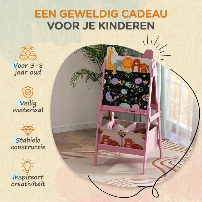 AIYAPLAY 2-in-1 Kinder Tekenezel met Whiteboard, Krijtbord en Opbergdozen, voor Kinderen van 3-8 Jaar, Roze(m-6)