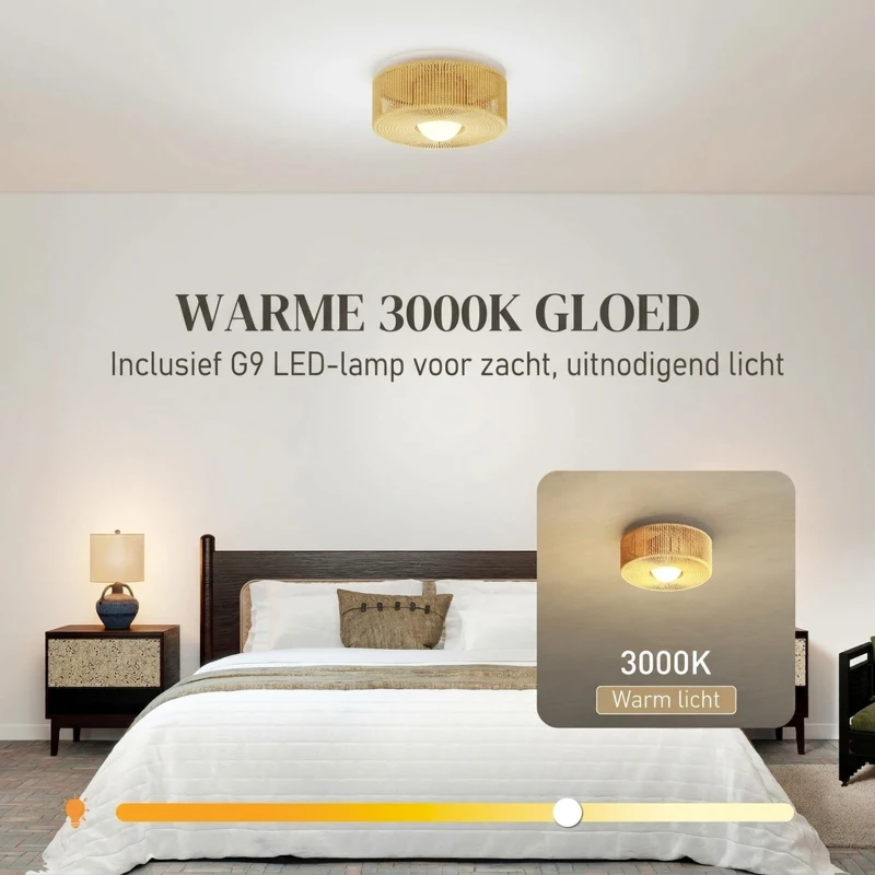 HOMCOM Plafondlamp, hangende boho-plafondlamp met G9 LED-fitting, rond lampscherm van henneptouw