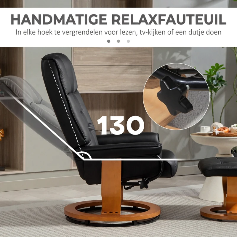 HOMCOM Relaxfauteuil met Hocker, draaibaar & kantelbaar, Kunstleren bekleding, tot 150 kg, Houten frame, Zwart