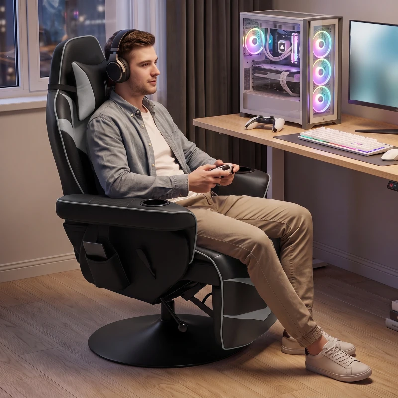 HOMCOM Gamingsessel, Massagefunktion, neigbare Lehne, Fußstütze, bis 120 kg, Stahlrahmen, Kunstleder, Grau(m-9)
