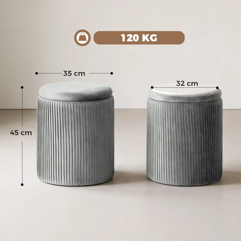 HOMCOM Runder Samt Sitzhocker mit Stauraum Polsterhocker Fußhocker mit Deckel 45 cm Grau