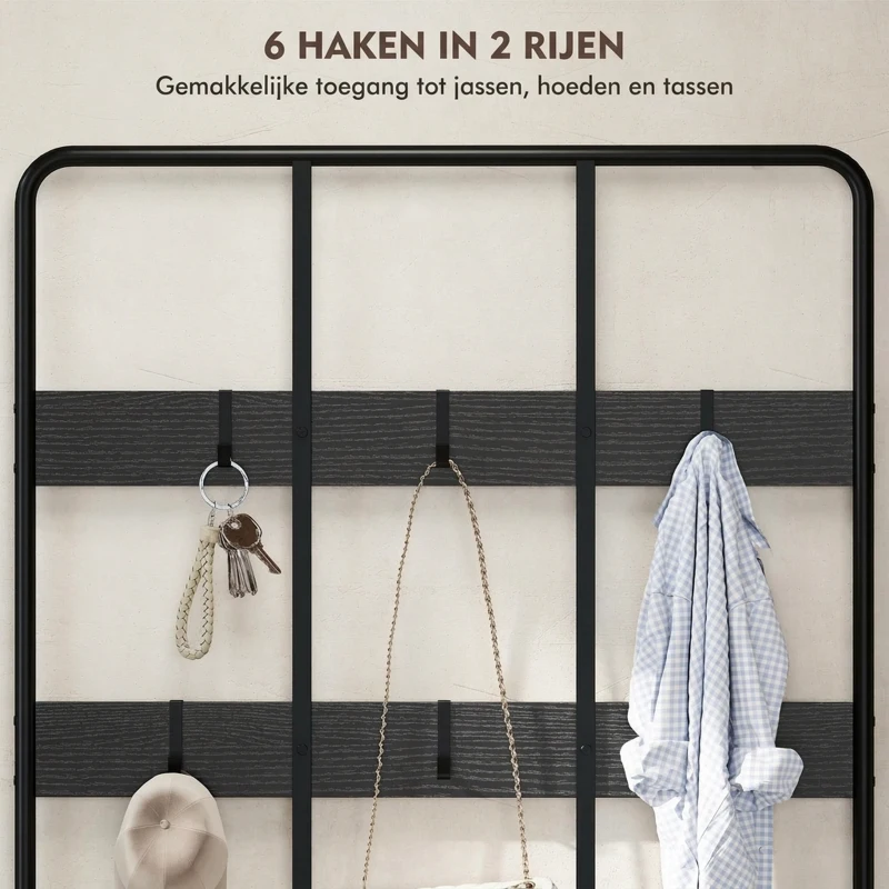 HOMCOM 3-in-1 kapstok met haken, bankje en schoenrek, metaal & spaanplaat, zwart
