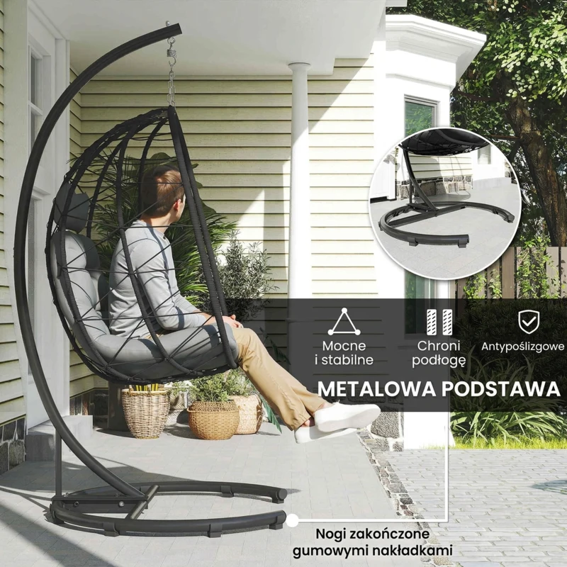 Outsunny Fotel wiszący zewnętrzny Fotel wiszący Egg Chair, odporny na warunki atmosferyczne, w tym poduszki, 102 cm x 102 cm x 195 cm, Ciemnoszary