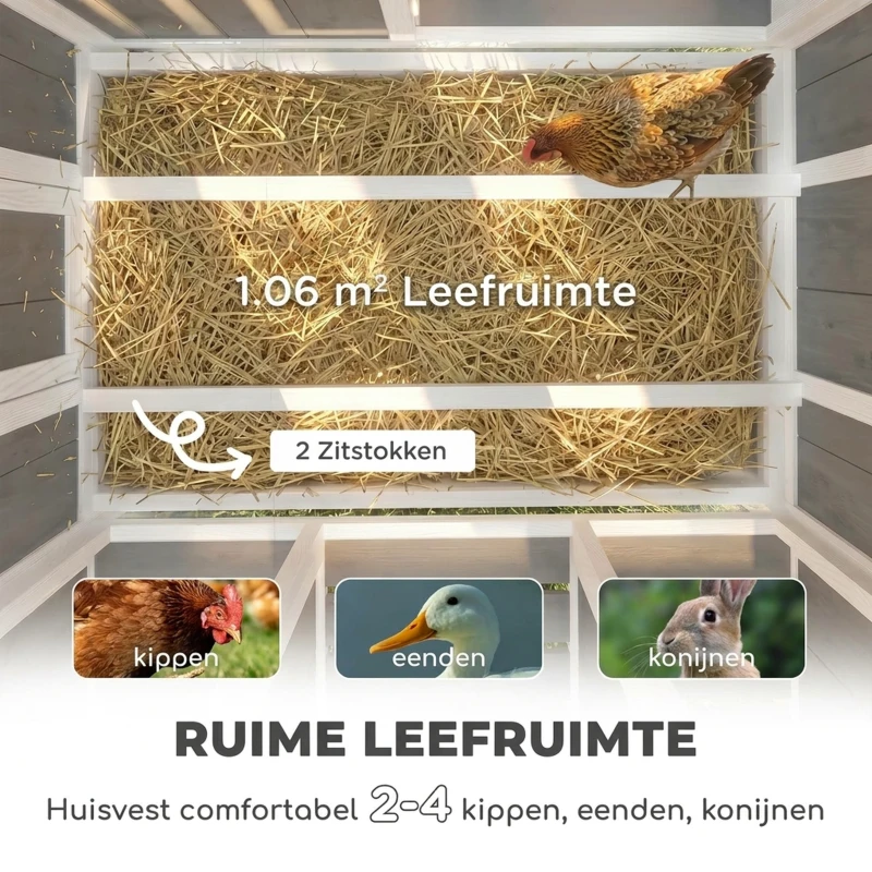 PawHut Kippenhok hout met afsluitbare deur legkast waterdicht PET-dak voor 3-4 kippen, 145x90x92 cm Grijs