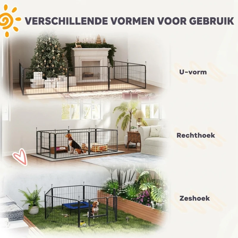 PawHut Werpkist voor puppy's, werpkist/puppyren met 7 panelen, 2 zones, wasbaar werpkussen, 203x102x60cm Zwart