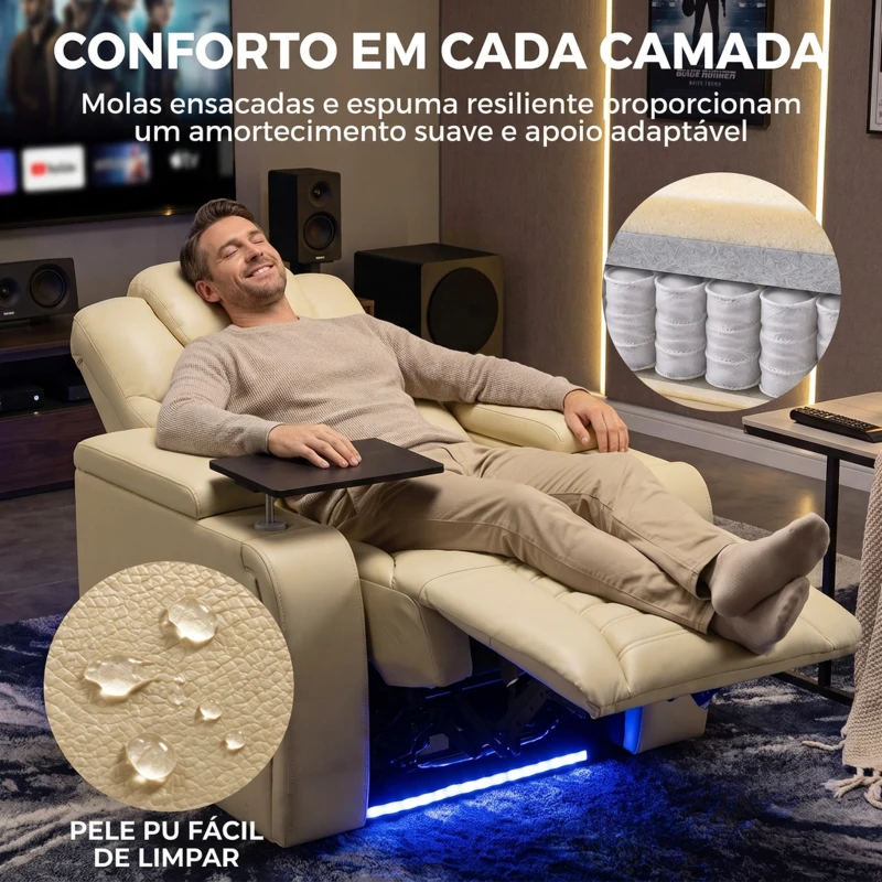 HOMCOM Cadeirão Relax Reclinável Elétrico com Aquecimento Lombar, Massagem por Vibração, Luz LED, Apoio para os Pés, USB e USB-C, Branco Creme