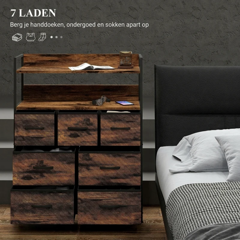 HOMCOM Stoffen Ladekast, 7 Opvouwbare Laden, 2 Planken, Stalen Frame, Bruin