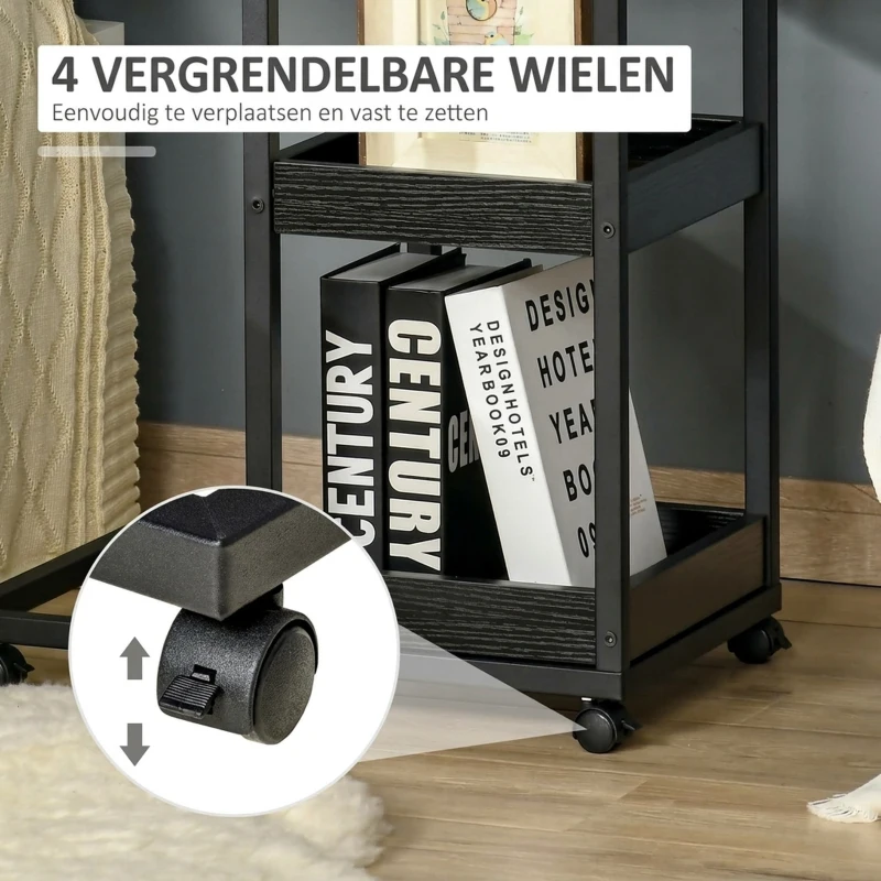 HOMCOM Bijzettafel op Wielen voor Sofa of Bed, Industriële Stijl, Staal en Hout, Bruin en Zwart(m-6)