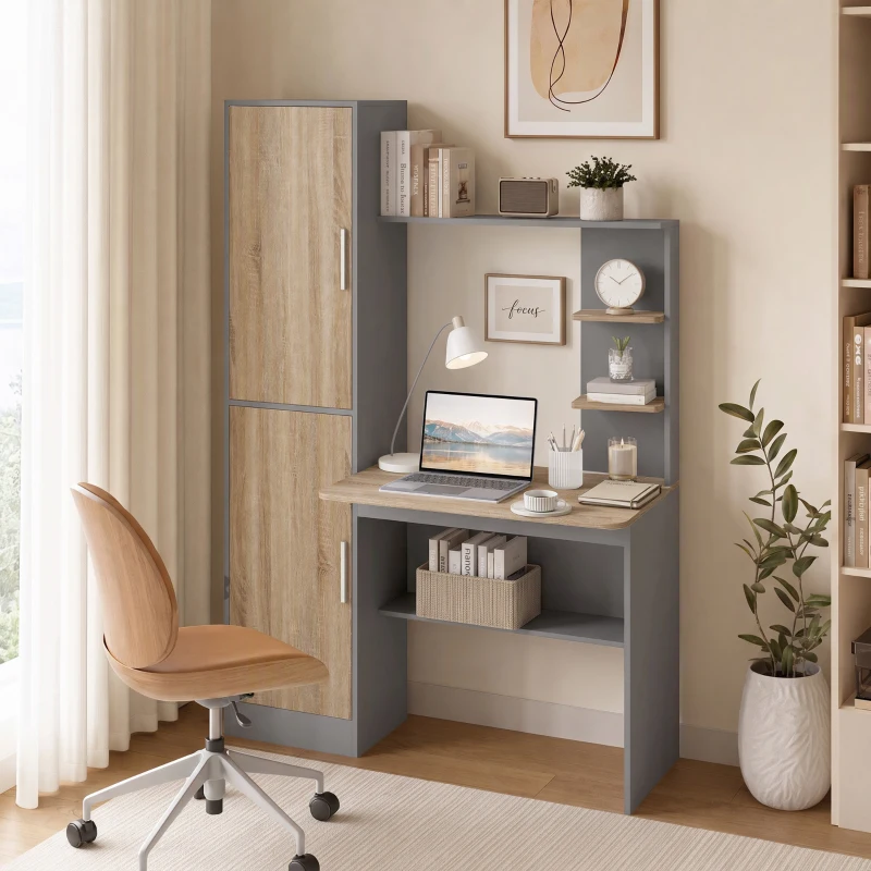 HOMCOM Birou pentru calculator cu 2 dulapuri și rafturi deschise, stil nordic, 122 x 52 x 168,4 cm, Gri închis și natural