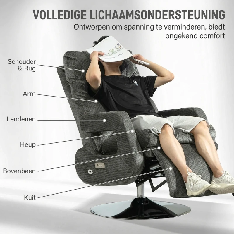 HOMCOM Recliner-fauteuil, elektrische gestoffeerde stoel met USB-aansluiting en voetensteun, fluweellook, draaibaar, verstelbaar, grijs
